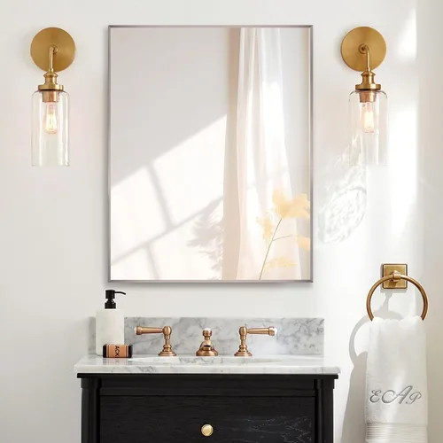 Vista 43 de 24x24 Inch Black Bathroom Mirror for Wall, Aluminum Frame Rectangle Rectangular Vanity Mirror, Modern Large for Bedroom, Living Room, Horizontal or