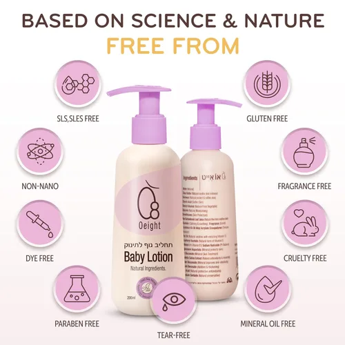 Vista 5 de Oeight Baby Lotion es una loción corporal natural para recién nacidos y bebés, ideal para pieles sensibles. Esta suave crema hidratante calma