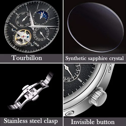 Vista 6 de LIGE Relojes mecánicos de lujo para hombre, reloj de pulsera automático de cuero blanco dorado