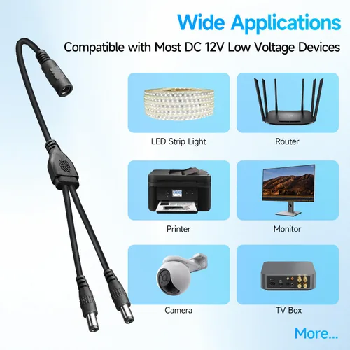 Vista 6 de 2 cables divisores de alimentación de CC de 1 a 2 vías, 1 conector hembra a 2 macho, enchufe de CC de 0.217 in x 0.083 in, adaptador de cable