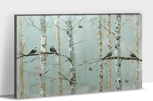 Vista 9 de UZMKM Lienzo decorativo de abedul para pared, pintura de bosque otoñal, imagen panorámica de paisaje, vista de la naturaleza amarilla, obra de arte