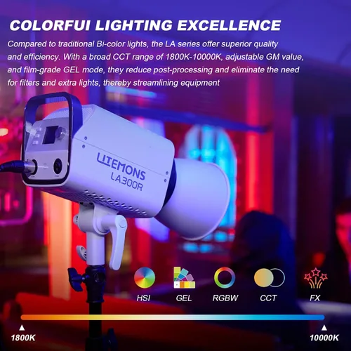 Vista 2 de Godox LA300R RGB COB LED Video Light 330W Kit de luz continua a todo color con bolsa de transporte CCT 1800K-10000K 94700lux Montaje Bowens Luz