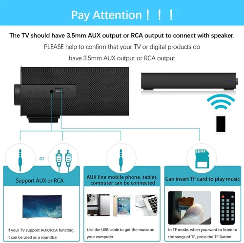 Vista 4 de Barra de Sonido Portátil para TV/PC, Altavoz Bluetooth 5.0 con Cable e Inalámbrico para Interiores y Exteriores con Control Remoto y Cable Coaxial