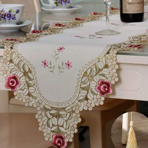 Vista 4 de HOLY HOME Camino de mesa navideño 100% poliéster, bordado de encaje, rosa, tela pastoral, decoración del hogar (rosa, 16 x 70 pulgadas)