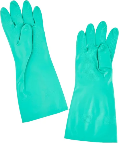 Vista 16 de Restaurantware Guantes de limpieza verdes, 10 pares de guantes de nitrilo de 15 mil de grosor, pequeños y resistentes con puño largo, forro