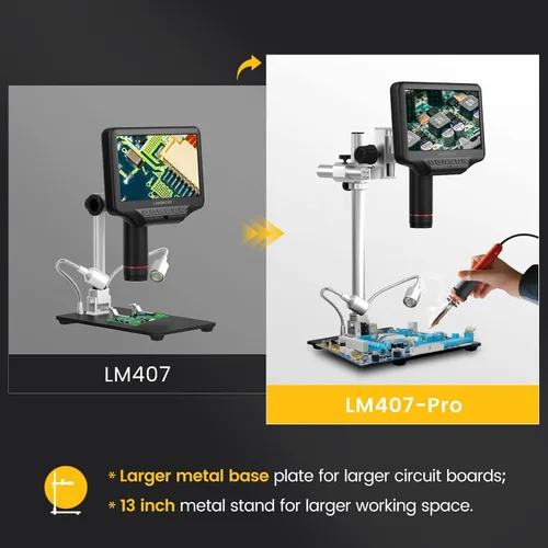 Vista 9 de Microscopio digital LM407 Pro HDMI para soldadura con soporte de brazo de pluma de 13 pulgadas, video UHD 2160P, cámara de microscopio electrónico