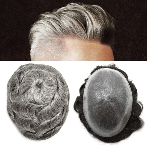 Vista 53 de PU Toupee para hombres pieza de pelo real sistema de reemplazo de cabello humano para hombres Toupee pieza de pelo para hombres piel polivinílica
