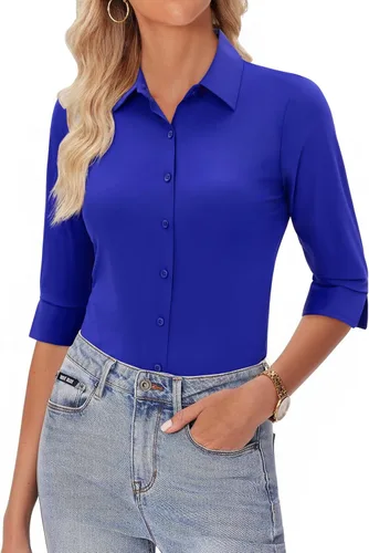 Vista 13 de siliteelon Camisas con botones para mujer, manga 3/4, elástica, ajustada, sin arrugas, cuello para negocios, trabajo, tops