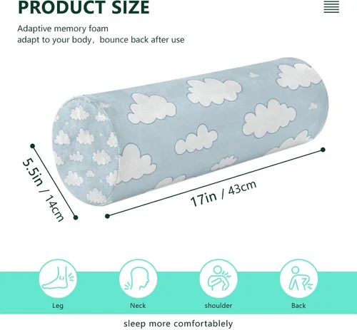 Vista 3 de Rollo cervical para el cuello, almohada redonda de nube blanca y azul cielo, almohada de espuma viscoelástica lavable, almohada de refuerzo