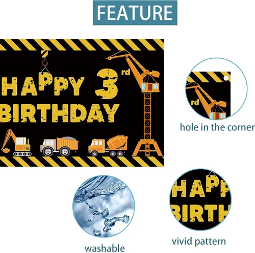 Vista 3 de Joyiou Cartel de fondo de decoración de feliz tercer cumpleaños con tema de construcción para niños y niños, tres años de edad, camión volquete