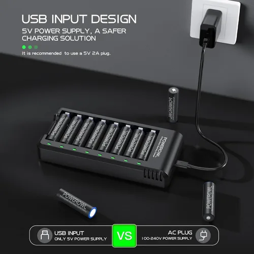 Vista 5 de Powerowl Cargador de Batería de 8 Compartimentos AA AAA, Carga USB de Alta Velocidad, Compartimento Independiente, para Baterías Recargables Ni-MH