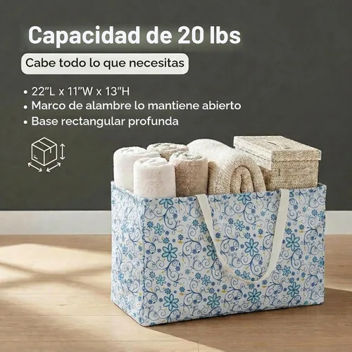 Vista 6 de Household Essentials Bolso de lona Krush con estampado floral blanco y azul, bolsa multiusos para todos los propósitos Floral azul