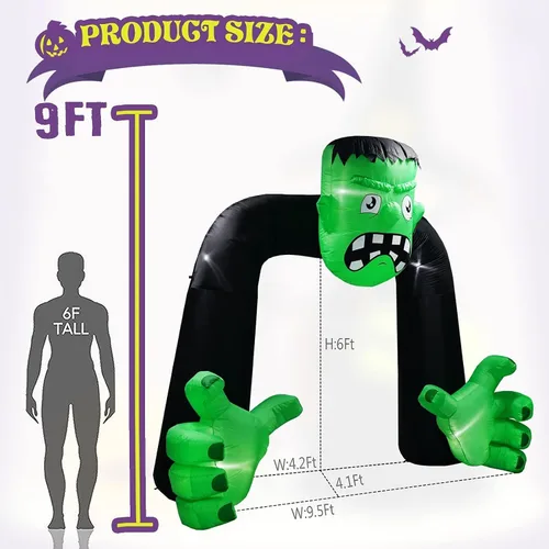 Vista 2 de Arco inflable de Halloween de 9 pies de alto, decoración de Frankenstein, arco inflable de Frankenstein integrado, 5 luces LED para decoración