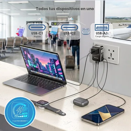 Vista 3 de Realmade Adaptador de viaje todo en uno Slim 25W PD Internacional, 2C+1A Negro