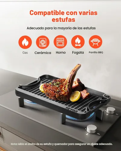 Vista 3 de VEVOR Parrilla/plancha reversible, plancha de hierro fundido pre-sazonada de 14 x 8.5 pulgadas, sartén rectangular portátil con asa, utensilios