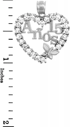 Vista 2 de Plata de ley Sweet 15Anos Corazón Colgante con Circonio Cúbico quinceañera con mariposa