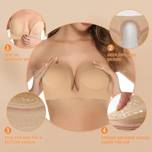 Vista 4 de Sujetadores adhesivos, reutilizables en forma de U profunda, brasier invisible para mujer, sin tirantes, sin espalda, adhesivo