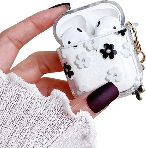 Vista 11 de Funda protectora para AirPods Pro de 1ª generación con llavero, bonita funda protectora para auriculares con flores negras y flores, TPU suave