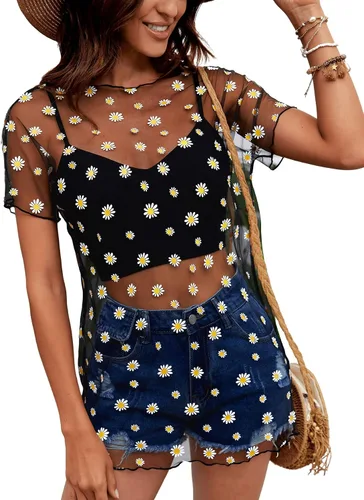 Vista 4 de Romwe Top de manga corta con estampado floral y malla transparente para mujer con ribete de lechuga