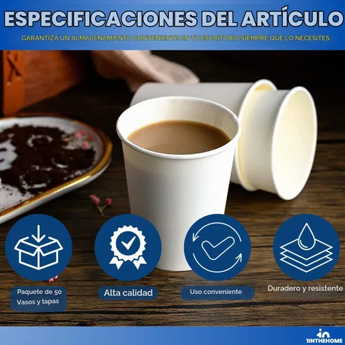 Vista 6 de Tazas de café desechables de 8 onzas con tapas, vasos de papel, color blanco, paquete de 50