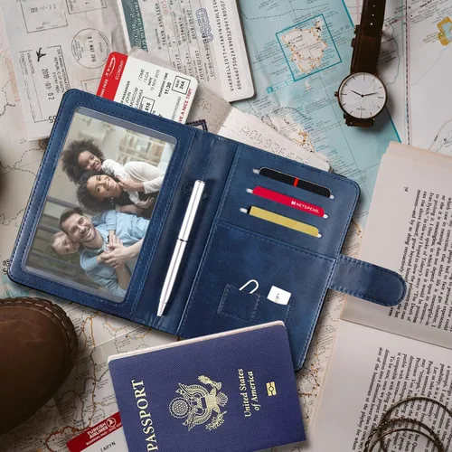 Vista 7 de RSAquar Combo de portatarjetas de pasaporte y vacunación, funda para pasaporte, funda de cuero para tarjetas, accesorios de viaje con bloqueo RFID
