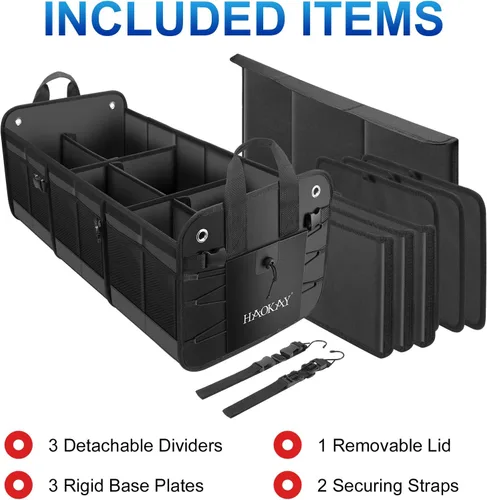 Vista 3 de HAOKAY Organizador de maletero de automóvil con tapa, resistente, extra grande, color negro, Oxford, multicompartimentos, plegable, para SUV
