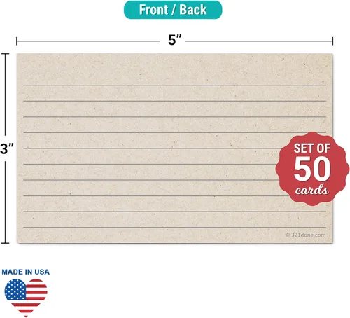 Vista 2 de 321Done Tarjetas de índice rústicas a rayas, fabricadas en Estados Unidos, pequeñas de 3 x 5 (juego de 50), color marrón kraft, tarjetas de notas