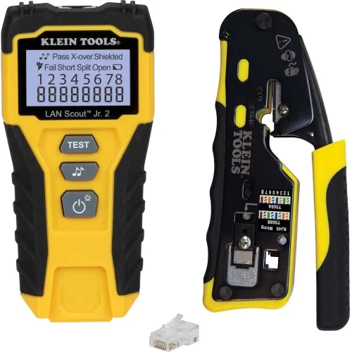 Vista 2 de Klein Tools Kit de probador de cables con pelacables, engarzador, herramientas de corte y enchufes de datos RJ45