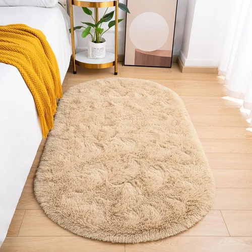 Vista 10 de Goideal - Alfombra esponjosa de dormitorio, alfombra pequeña ovalada, alfombra negra peluda para mesita de noche, ideal para habitación infantil