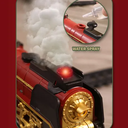 Vista 6 de Juego de tren vintage, tren a control remoto con luz, vapor y humo, modelo de locomotora eléctrica de árbol de Navidad con pista ovalada y carro