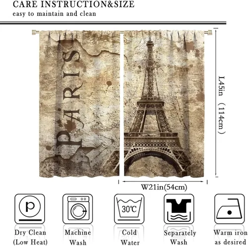 Vista 2 de Cortinas de la Torre Eiffel con letras de París y famosos monumentos en la pared desgastada para dormitorio, sala de estar, cortinas decorativas, 2