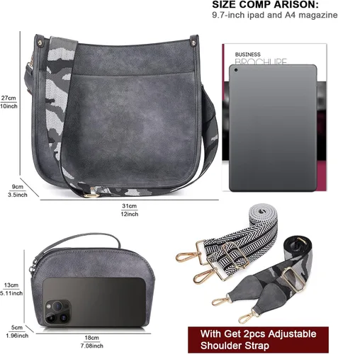 Vista 4 de HKCLUF Bolso cruzado para mujer, 2 piezas de cuero Hobo bolso con 2 correas ajustables de leopardo para guitarra