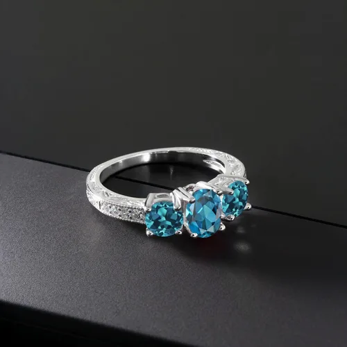 Vista 15 de Gem Stone King Anillo de compromiso de 3 piedras preciosas de oro blanco de 10 quilates con piedra natal y diamantes cultivados en laboratorio