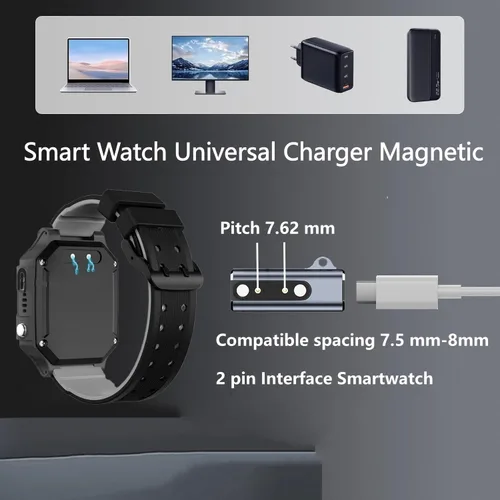 Vista 2 de Cargador universal para reloj inteligente, magnético, USB tipo C a paso de 0.30 in, adaptador de 2 pines, cable de carga de repuesto compatible