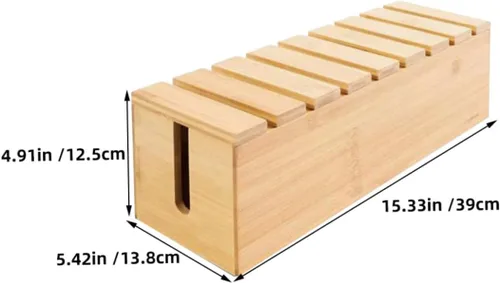 Vista 2 de Ciieeo Wooden Cable Storage Box with Charging Cord Organizer, Desktop Wire Management Box 39x12.5x14cm for Office and Home Desk Phone Stand and