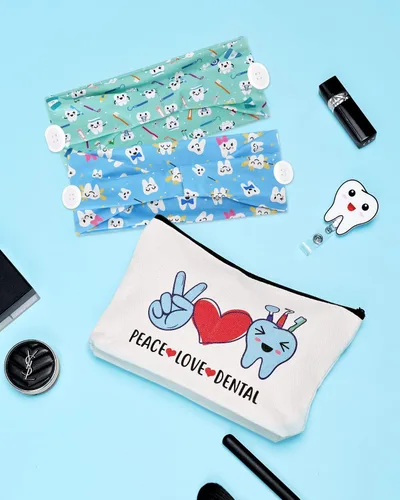 Vista 4 de 4 piezas de regalos para dentistas, accesorios de higienista dental, diademas con botones, carrete de insignia de acrílico con purpurina, bolsa