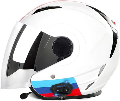 Vista 20 de Casco Bluetooth para motocicleta 3/4, casco retro abierto con visera solar, casco de moto Jet para hombres y mujeres adultos, casco aprobado por DOT