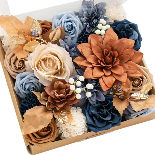 Vista 24 de Ling's moment Caja de Flores Falsas, Tallos de Vegetación Artificial Falsa Rosas de Espuma Dalia Hortensia de Seda Peonía Flor de Tela para Centros