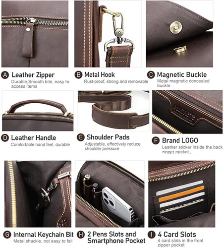 Vista 5 de CONTACTS Bolso de mensajero de cuero de grano completo para hombre, bolso de hombro cruzado, bolso de viaje para iPad de 10.5 pulgadas (marrón)