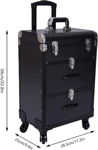 Vista 9 de Estuche de tren de maquillaje rodante, estuche para cosméticos, organizador de almacenamiento grande profesional, estuche de peluquería, divisores