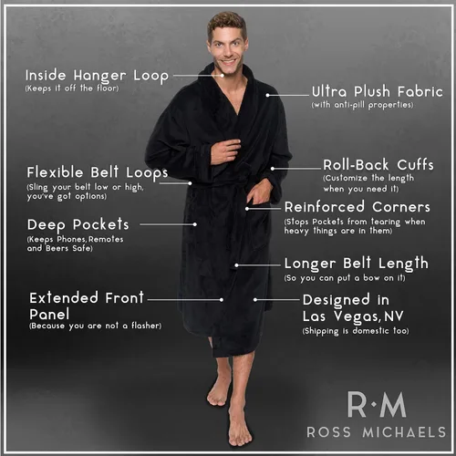 Vista 5 de Ross Michaels Bata para hombre estilo chal con cuello envolvente - Albornoz de forro polar de felpa de longitud media