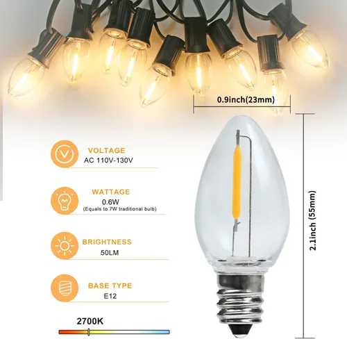 Vista 2 de Paquete de 25 bombillas LED de repuesto C7 de 0.6 W equivalentes C7 2700k Paquete de 25