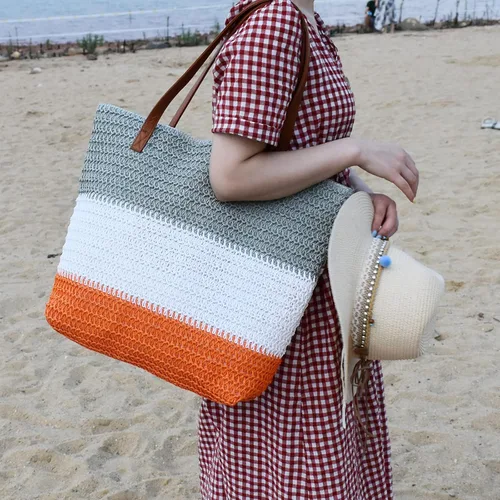 Vista 38 de Bolso grande de paja para mujer, tejido de ratán, bolso de playa de verano, a rayas