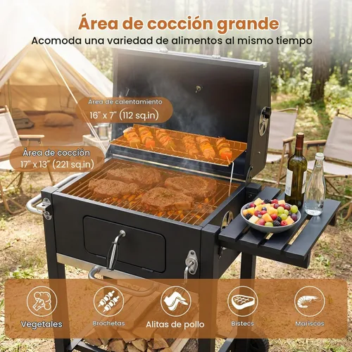 Vista 3 de Giantex Parrilla de carbón con estante lateral plegable, parrilla de barbacoa al aire libre con bandeja de carbón ajustable, termómetro, estantes