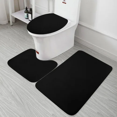 Vista 6 de Juego de 3 alfombras de baño clásicas negras, antideslizantes, en forma de U, con tapa de inodoro