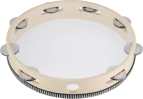 Vista 3 de Javik Pandereta instrumento musical para adultos, panderetas de mano de 10 pulgadas tambor de madera con jingles de metal, instrumentos de percusión