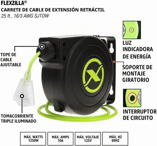 Vista 3 de Flexzilla Extensión retráctil 16/3 AWG 25' carrete de cable eléctrico, ZillaGreen, FZ8160253