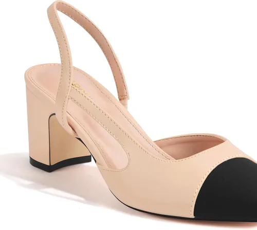 Vista 3 de Carcuume Tacones con espalda cruzada para mujer, zapatos de dos tonos, tacones bajos casuales sexys, tacones gruesos para mujer, zapatos de tacón