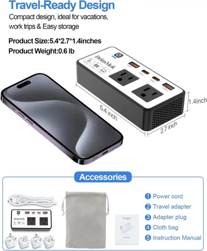 Vista 3 de Convertidor de voltaje de 200 W de EE. UU. a Europa, adaptador de corriente de viaje reductor con 4 puertos USB, 2 salidas de CA para alisador
