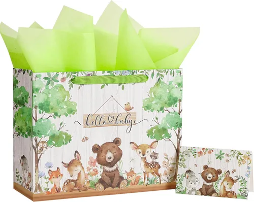 Vista 11 de Loveinside Bolsa de regalo para bebé niño con papel de seda y tarjeta de felicitación para baby shower, nuevos padres y más, diseño animal azul, 16